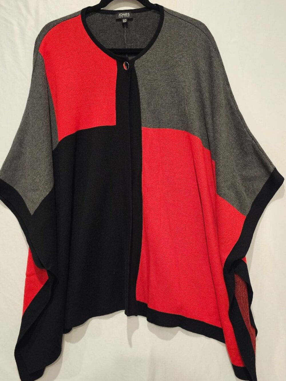 Jones New York Colorblock Cape Sweater Poncho Red Gray Black Knit Size S/M